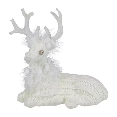Northlight 10" Cable Knit Sweater Sitting Reindeer Christmas Figurine In White
