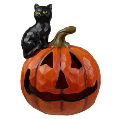 Northlight 10" Led Lighted Jack-o-lantern And Black Cat Tabletop Halloween Figure In Orange