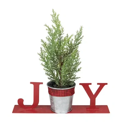Northlight 10" Potted Faux Pine In Metal "joy" Planter Christmas Tabletop Decor In Multi