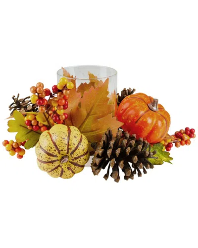 Northlight 10in Pumpkin Berry And Pine Cone Fall Harvest Tealight Candle  Holder In Orange
