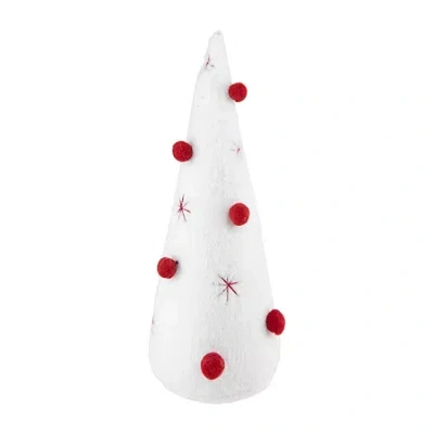 Northlight 11in White Plush Christmas Cone Tree With Red Pompom Ornaments Christmas Tabletop Decor