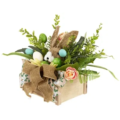 Northlight 12" Boxed Floral Arrangement With Bunny Floral Arrangement In Green