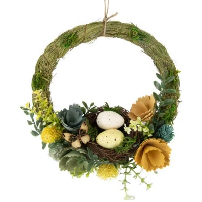 Northlight 12" Easter Egg And Bird Nest Wreath With Wooden Flowers In Green