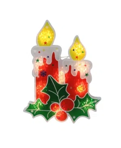 Northlight 12" Lighted Holographic Holly And Berry Candle Christmas Window Silhouette Decoration In Red