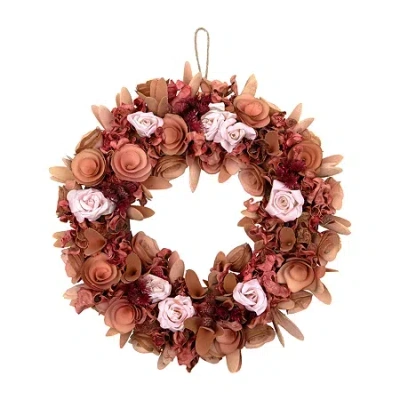 Northlight 12" Pink Silk Roses And Wooden Flowers Artificial Unlit Wreath