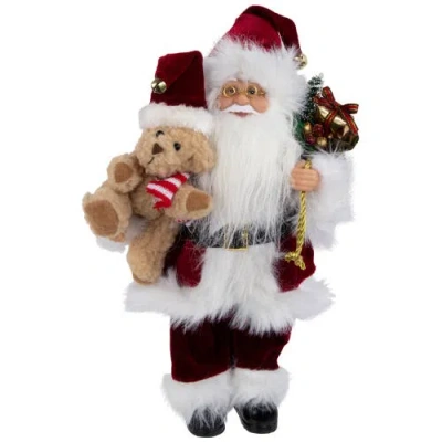 Northlight 12" Traditional Santa Claus Christmas Figure With Teddy Bear And Gift Bag In Multi