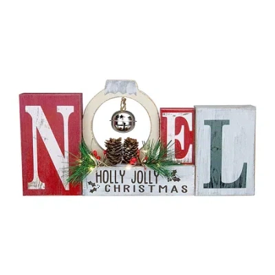Northlight 13" Led Lighted "noel Holly Jolly" Sign With Jingle Bell Lighted Christmas Tabletop Decor In Multi