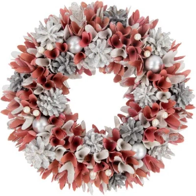 Northlight 13" Pink And White Wooden Floral Christmas Wreath With Pinecones