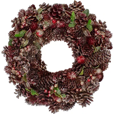 Northlight 13" Red And Gold Glittered Pine Cone And Berry Christmas Wreath In Brown