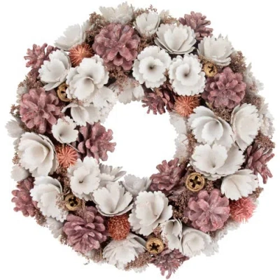 Northlight 13" White And Pink Wooden Floral Christmas Wreath With Pinecones