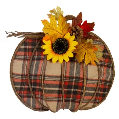 Northlight 14" Orange And Brown Plaid Fall Harvest Pumpkin Wall Decor In Multi