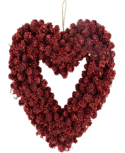 Northlight 14" Pine Cone Rose Valentine's Day Wooden Heart Wreath In Red