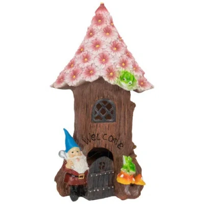 Northlight 14" Solar Lighted Bless Our Home Gnome Tree House Outdoor Garden Statue In Brown