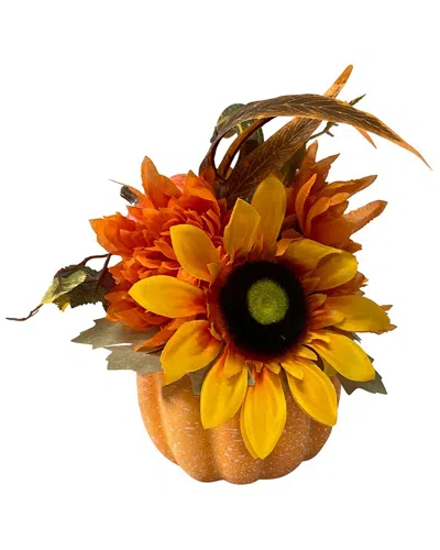 Northlight 14.75in Yellow Sunflower And Mum Filled Pumpkin Thanksgiving Decor In Orange