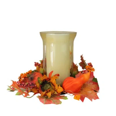 NORTHLIGHT NORTHLIGHT 16" ARTIFICIAL ORANGE FALL FLOWERS AND PUMPKINS PILLAR CANDLE HOLDER