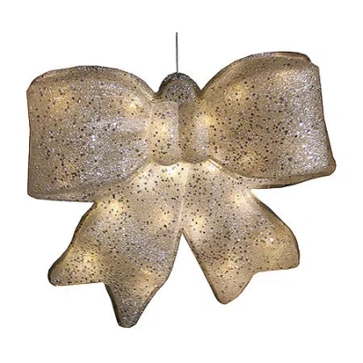 Northlight 16'' Silver Glittered Battery Operated Lighted Led Bow Christmas Decoration In Brown