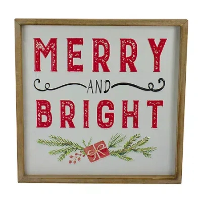 Northlight 16" Wooden Framed "merry And Bright" Metal Christmas Tabletop Decor In Multi