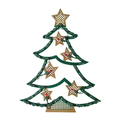 Northlight 17.75in Lighted Green And Gold Tree With Stars Silhouette Christmas Window Decor In Multi