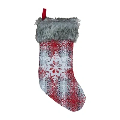 Northlight 18-inch Red And White Plaid Faux Fur With Snowflake Christmas Stocking In Multi
