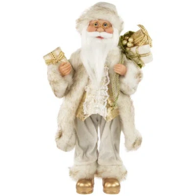 Northlight 18" Ivory And Gold Santa Claus With Gift Bag Christmas Figure In White