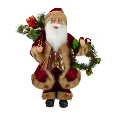 Northlight 18'' Red Santa Claus Holding A Wreath And Gift Bag Christmas Figurine In Multi