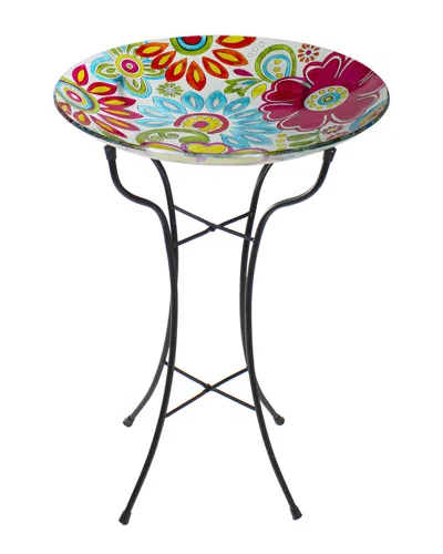 Northlight 18in Pastel Flowers Hand Painted Glass Outdoor Patio Bird Bath In Blue