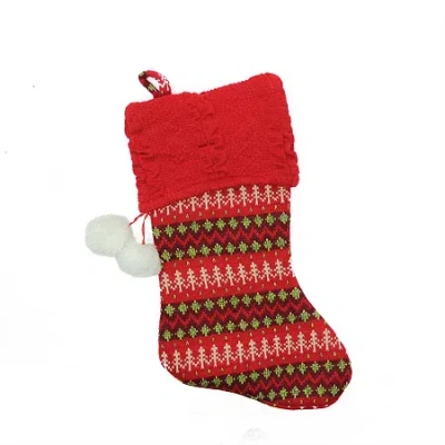 Northlight 19'' Red And Green Sweater Knit Christmas Stocking With Pom Poms
