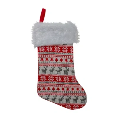 Northlight 19'' Red And White Deer And Snowflake Knit Christmas Stocking With Faux Fur Cuff In Multi