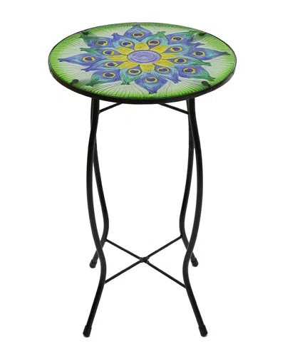 Northlight 19in Peacock Flower Tail Glass Patio Side Table