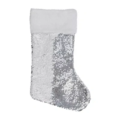 Northlight 19in White And Silver Sequin With White Faux Fur Cuff Christmas Stocking