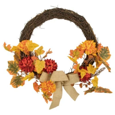 Northlight 20" Fall Foliage With Mum Flowers Artificial Thanksgiving Twig Wreath In Orange