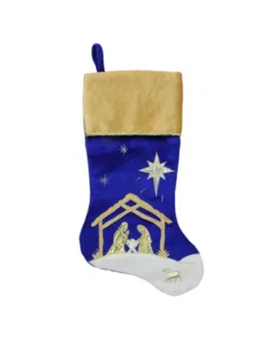 Northlight 20.5" Blue And Gold Nativity Scene Christmas Stocking With Gold Cuff