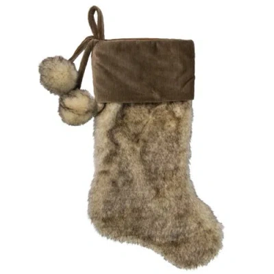 Northlight 20.5" Brown Plush Christmas Stocking With Corduroy Cuff And Pom Poms