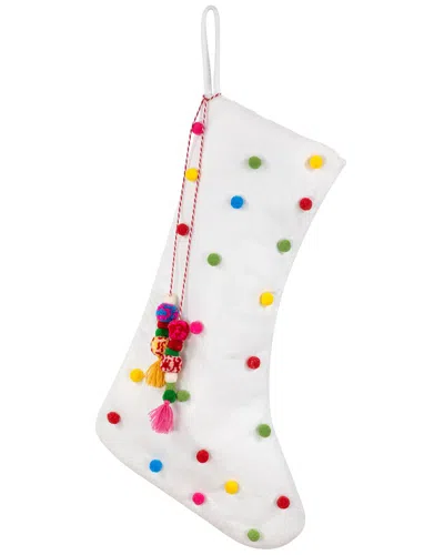 Northlight 20in White Christmas Stocking With Multicolor Pom-poms & Tassels