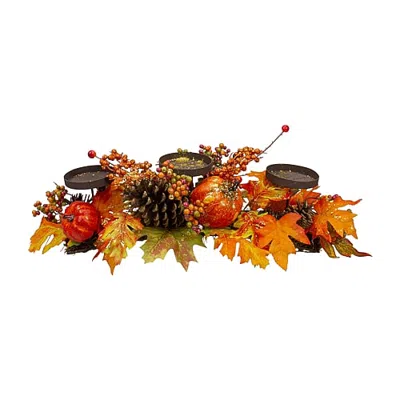Northlight 21in Orange Fall Harvest Leaves And Pumpkins Candle Holder In Multi