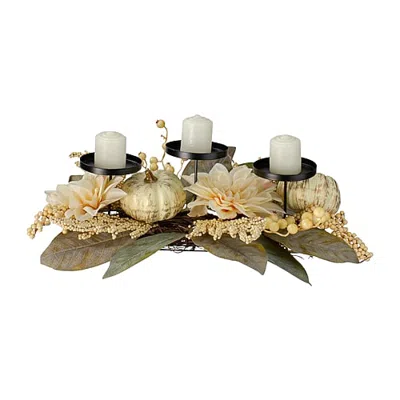 Northlight 21in White Dahlia And Pumpkin Fall Centerpiece Candle Holder In Multi