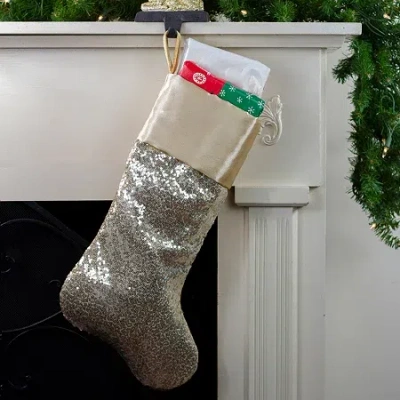 Northlight 22in Golden Metallic Sequined With Satin Cuff Christmas Stocking In Silver
