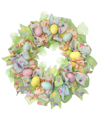 Northlight 22" Pastel Easter Egg And Ribbons Wreath Unlit In Green