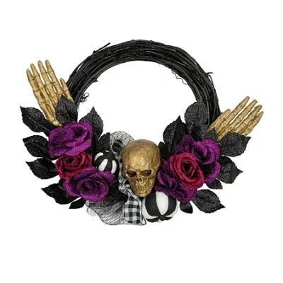 Northlight 22in Skull With Hands And Purple Roses Wreath In Black