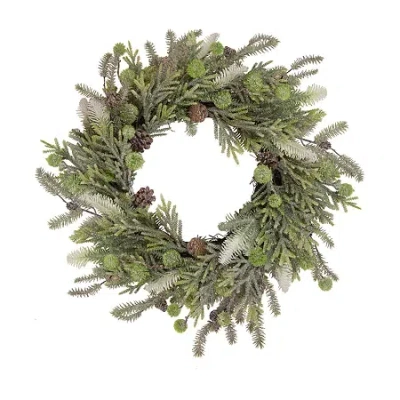 Northlight 24" Artificial With Frosted Foliage And Pine Cones Wreath In Green