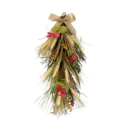 Northlight 24" Autumn Harvest Wheat And Eucalyptus With Feathers Teardrop Swag In Multi