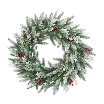 Northlight 24" Flocked Wind River Fir With Berries Wreath In Green