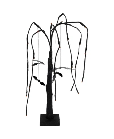 Northlight 24" Led Lighted Black Glittered Halloween Willow Tree With Bats
