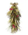 Northlight 24" Autumn Harvest Wheat And Eucalyptus With Feathers Teardrop Swag In Red