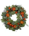 Northlight 24in Maple & Fern Leaves With Pumpkins Artificial Wreath In Green