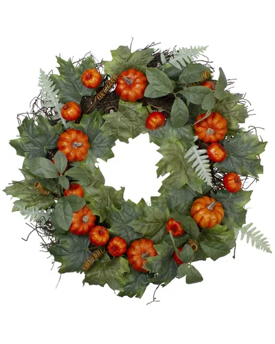 Northlight 24in Maple & Fern Leaves With Pumpkins Artificial Wreath In Green