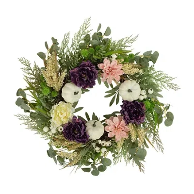 Northlight 24in Peony And Pumpkin Artificial Fall Wreath In Green