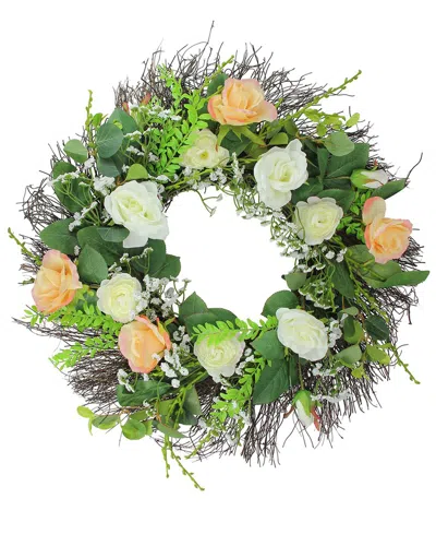 Northlight 24in Rose & Foliage Artificial Spring Wreath In Green