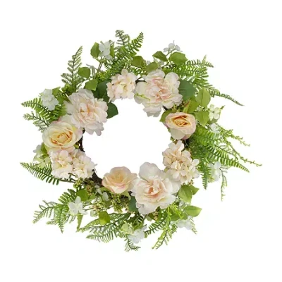 Northlight 24in Rose And Peony Fern Floral Wreath In Pink