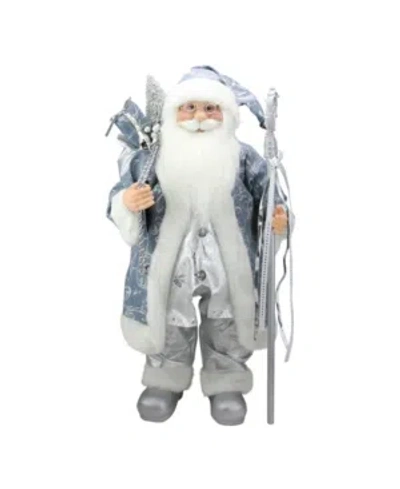 Northlight 25" Ice Palace Standing Santa Claus In Blue And Silver Holding A Staff Christmas Figure